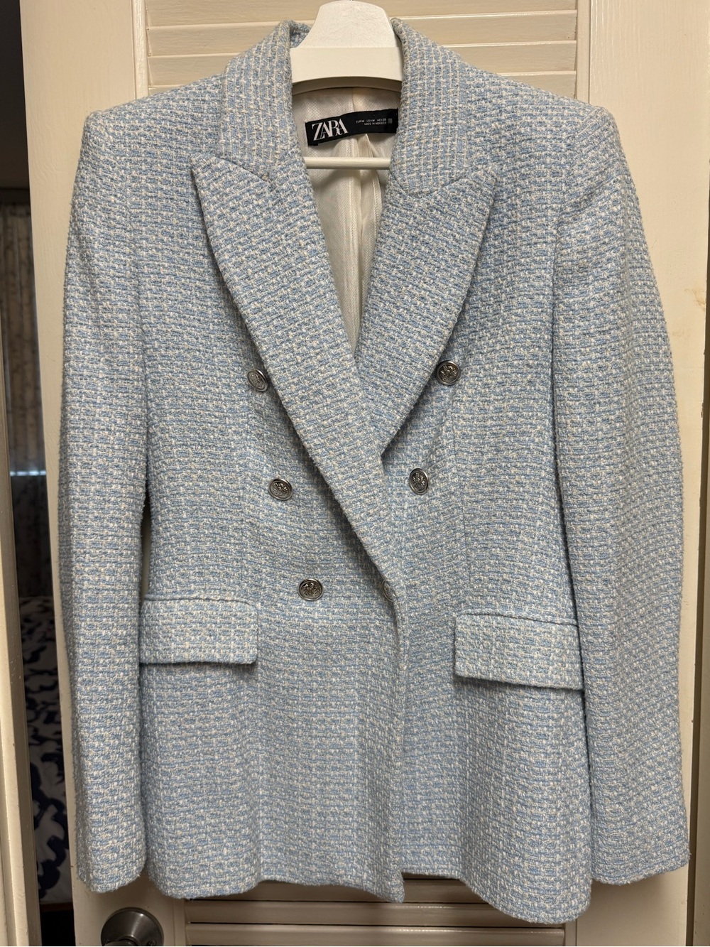 Zara Light Blue Tweed Double-Breasted Blazer